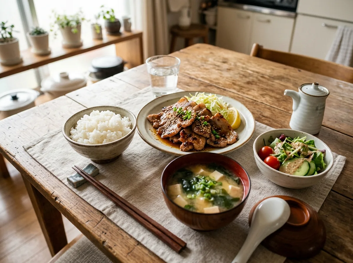 家庭の食卓に並んだ焼いた味付け肉とごはん、味噌汁（イメージ）