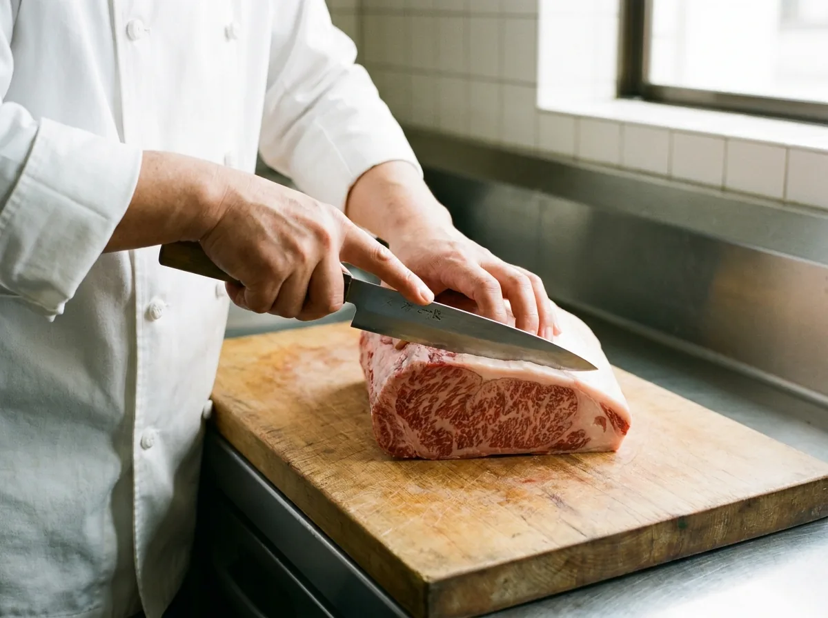 まな板の上で牛肉を切り分ける職人の手元（イメージ）